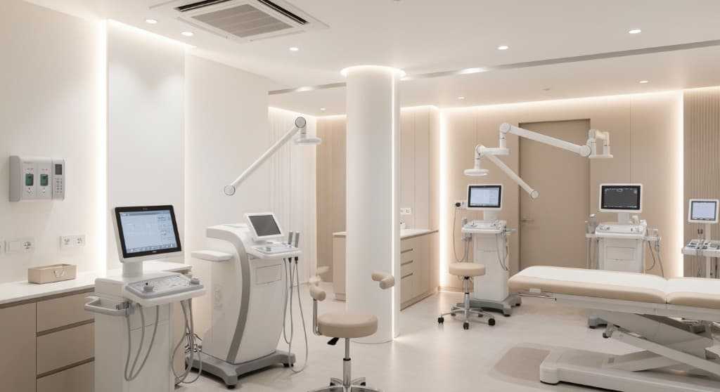 Modern medical aesthetics treatment room with clinical devices and treatment bed